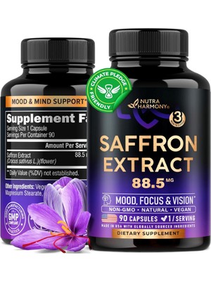 Nutra Harmony Nutraharmony Saffron Extract 88.5 Mg - Made In Usa - Mood  Focus  Vision  Energy Support - Eye Health For Women & Men - Nongmo Vegan - 90  Capsules