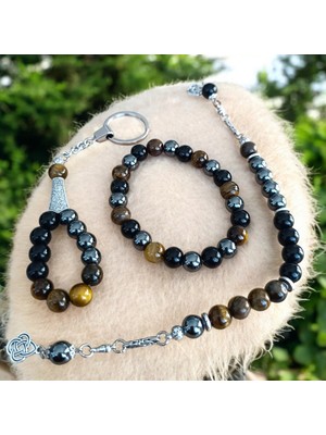 Kaplan Gözü Oniks Hematit Zaza Tesbih - Kaplan Gözü Oniks Hematit Bileklik - Kaplan Gözü Oniks Hematit Anahtarlık