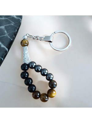 Mga Doğaltaş Kaplan Gözü Oniks Hematit Anahtarlık - Doğal Taş Anahtarlık Doğal Taş