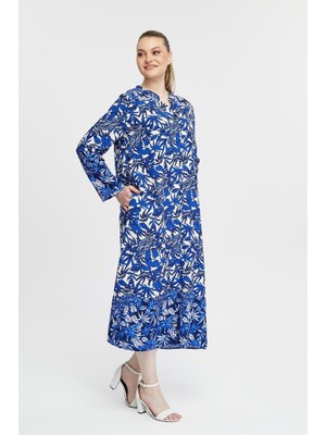 Uzun Kollu Viskon Şal Desenli Şık Gomlek Elbisesi