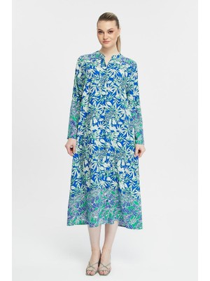 Uzun Kollu Viskon Şal Desenli Şık Gomlek Elbisesi