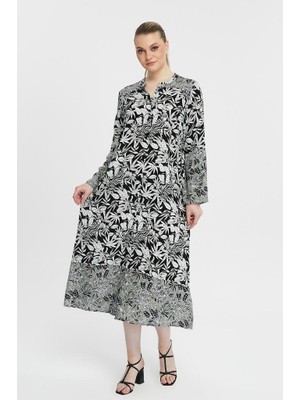 Uzun Kollu Viskon Şal Desenli Şık Gomlek Elbisesi