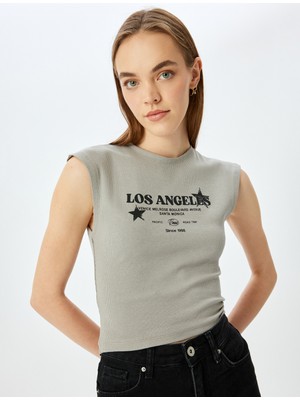 Koton Bisiklet Yaka Kolej Baskılı Kolsuz Crop Tişört