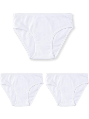 Kız Çocuk Organik Pamuklu Bikini Kesim Düz Basic Ribana Külot 3'lü Paket 5201 Beyaz