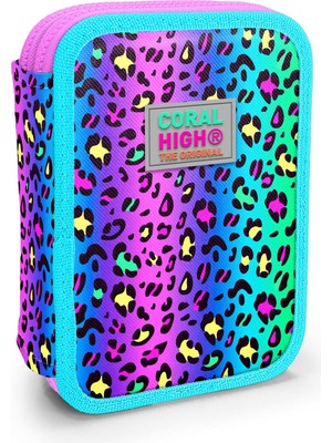 Coral High Kids Renkli Leopar Desenli Çift Katlı Kalem Çanta 11143