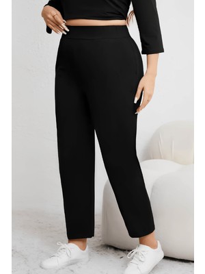 Yüksek Kalite Siyah Büyük Beden Bayan Yüksek Bel Çelik Örme En-Boy Likralı Dar Paça Pantolon