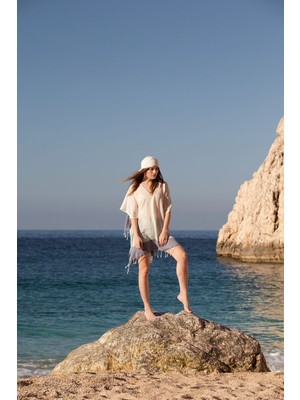 Barine Feather Glow Pamuk Vual Plaj Kaftanı Krem-Lacivert