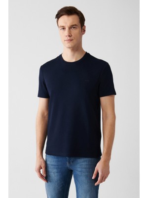 AVVA Erkek Lacivert Bisiklet Yaka Bi-Stretch Baskılı Regular Fit T-Shirt B001040