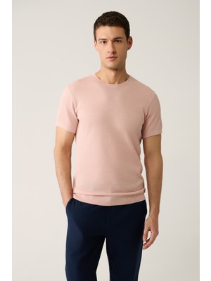 AVVA Erkek Pudra Bisiklet Yaka Dokulu Triko T-shirt E005027