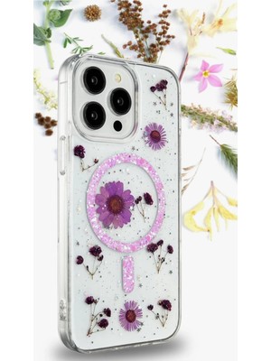 Apple Iphone 16 Pro Uyumlu Magsafe Destekli ve Simli Çiçek Tasarım Telefon Kılıfı