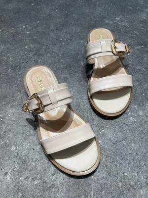  Kadın Çift Bantlı Tokalı Günlük Terlik Ayrep Bej