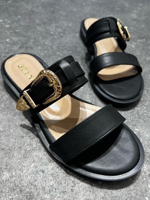  Kadın Çift Bantlı Tokalı Günlük Terlik Ayrep Siyah