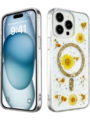 Apple Iphone  16 Pro Uyumlu Magsafe Destekli ve Simli Çiçek Tasarım  Telefon Kılıfı