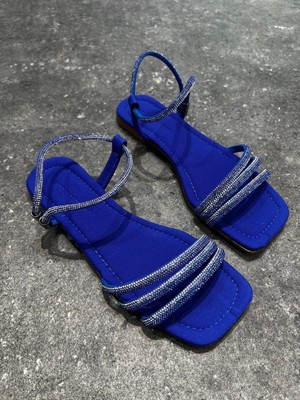 Dicle Polat  Kadın Düz Taban Taşlı Ortopedik Günlük Sandalet Risay Sax Mavi