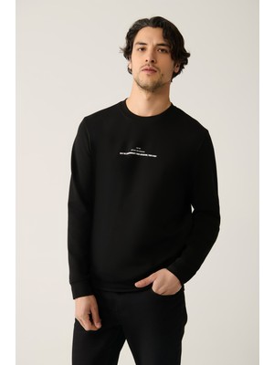 AVVA Erkek Siyah Bisiklet Yaka İnterlok Baskılı Regular Fit Sweatshirt A41Y1246