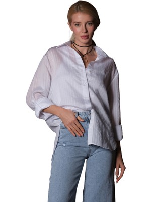 Domoda Lyocell (Tensel) Ferahlığı, Çizgi Dokulu Yazlık Katlanabilir Kol Apoletli Kadın Gömlek @porto