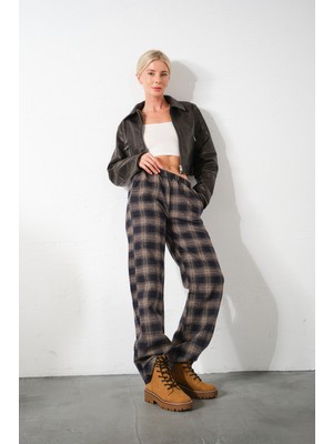 Ekoseli Flanel Yüksek Bel Pijama Altı Rahat Kesim Geniş Paça Pamuklu Kadın Pantolon
