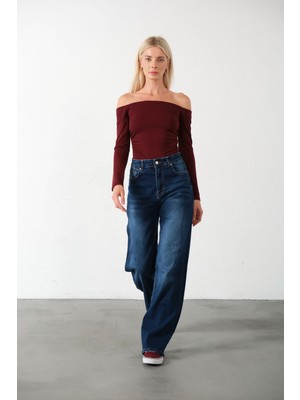 Üksek Bel, Esnek Denim Kumaş Geniş Paça Palazzo Kadın Kot Jean Pantolon @cesena