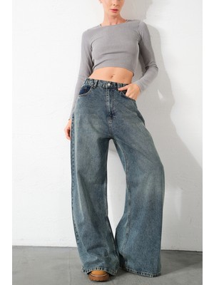 Ekstra  Yüksek Bel %100 Pamuk Lastikli Loose Fit Geniş Paça Jean Kadın Kot Pantolon
