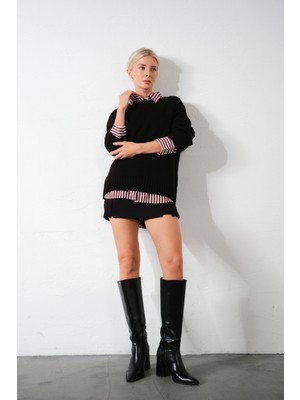 Düşük Omuz Bisiklet Yaka Oversize Triko Kadın Kazak