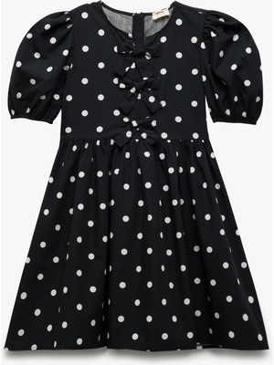 Koton Pamuklu Balon Kollu Yuvarlak Yaka Kurdele Detaylı Puantiyeli Elbise