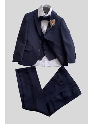 Buhara Ceketli Yaka Çiçekli Çocuk Takım Elbise Lacivert