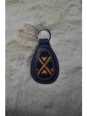 El Dokuma Kilim ve Gerçek Deri Detaylı Lacivert Renk Anahtarlık & Çanta Süsü A16