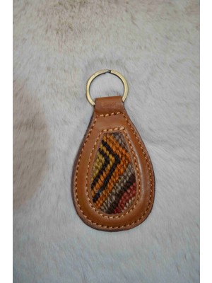 El Dokuma Kilim ve Gerçek Deri Detaylı Taba Renk Anahtarlık & Çanta Süsü A8
