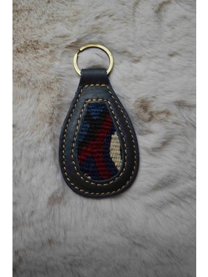 El Dokuma Kilim ve Gerçek Deri Detaylı Lacivert Renk Anahtarlık & Çanta Süsü A4