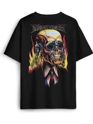 Siyah T-Shirt Megadeth Skull Metal Music Sırt Ön Baskılı Oversize Tişört Unisex T-Shirt