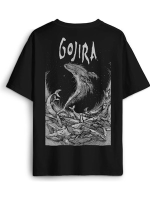Gojira Balıklar Metal Music Rock Guitar Sırt Ön Baskılı Oversize Tişört Unisex T-Shirt