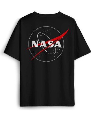 Siyah Tişört Nasa Logosu Uzay Cosmos Sırt Ön Baskılı Oversize Tişört Unisex T-Shirt