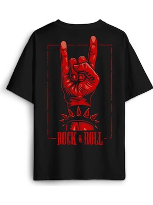 Rock'n Roll Music Işareti Rock Metal Müzik Sırt Ön Baskılı Oversize Tişört Unisex T-Shirt