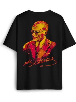 Siyah Oversize T-Shirt  Atatürk Sarı Kırmızı Sırt Ön Baskılı Tişört Unisex