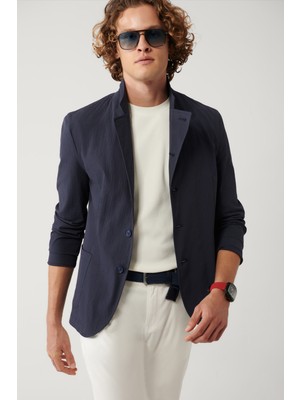 AVVA Erkek Lacivert Dik Yaka Cepli Astarsız Lightweight Blazer Comfort Slim Fit Ceket A41Y4028