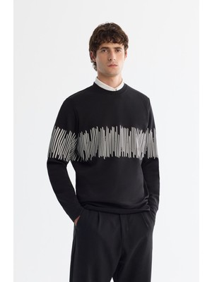 AVVA Erkek Siyah Bisiklet Yaka Pamuklu Çizgili Sweatshirt B001203