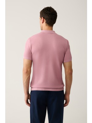 AVVA Erkek Pembe Soft Touch 3 Düğmeli Dokulu Ribanalı Polo Yaka Triko Regular Fit T-Shirt B005009