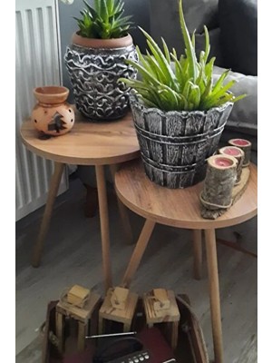 2'li Zigon Sehpa Seti | Saksılık ve Çiçeklik Standı, Dekoratif Yan Sehpa Ahşap Ayaklı (33 cm Çap )