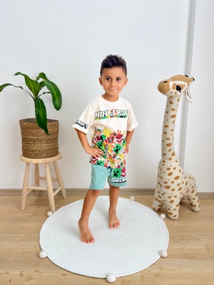 Mınecraft Desenli Krem Tişört ve Şortlu Erkek Çocuk Takım