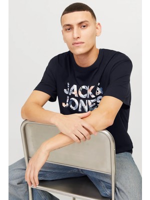 Jack & Jones Erkek Jjebryan Yazı Detaylı Bisiklet Yaka Pamuk T-Shirt 12268127 Lacivert
