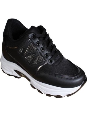 Modalendo Yazkış Kadın Siyah Beyaz Yanı Taşlı Içten 8cm Topuklı Fashıon Spor Ayakkabı