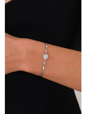 Ricco Jewellery 14 K White Gold Kaplama 925 Ayar Gümüş Kalp Bileklik