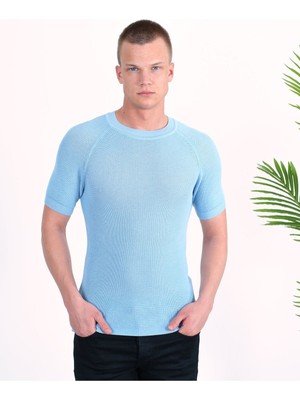 Slim Fit Pamuklu Örme Triko Tişört Dar Kesim Bisiklet Yaka T-Shirt