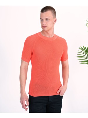 Slim Fit Pamuklu Örme Triko Tişört Dar Kesim Bisiklet Yaka T-Shirt