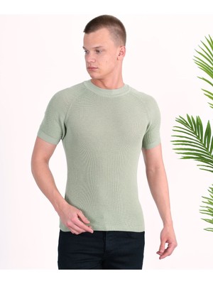 Slim Fit Pamuklu Örme Triko Tişört Dar Kesim Bisiklet Yaka T-Shirt