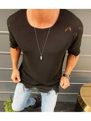Lazer Kesim Yırtık Detaylı Oversize Tişört  Trend Rahat Salaş Kesim