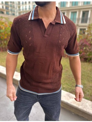 T-Shirt Nefes Alabilen Polo Yaka Terletmez Desenli Pamuklu Örme Tişört Oversize Triko Tshirt