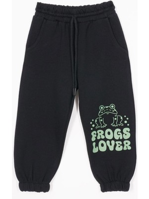 Zepkids Kurbağa Baskılı Lastikli Paça Siyah Renk Erkek Çocuk Eşofman Tek Alt