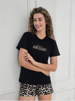 Mihra Compact Penye Kısa Kollu Kadın Siyah Şortlu Pijama Takımı