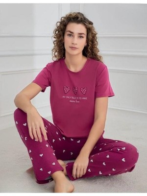 Mihra Compact Penye Kısa Kollu Mürdüm Kadın Pijama Takımı